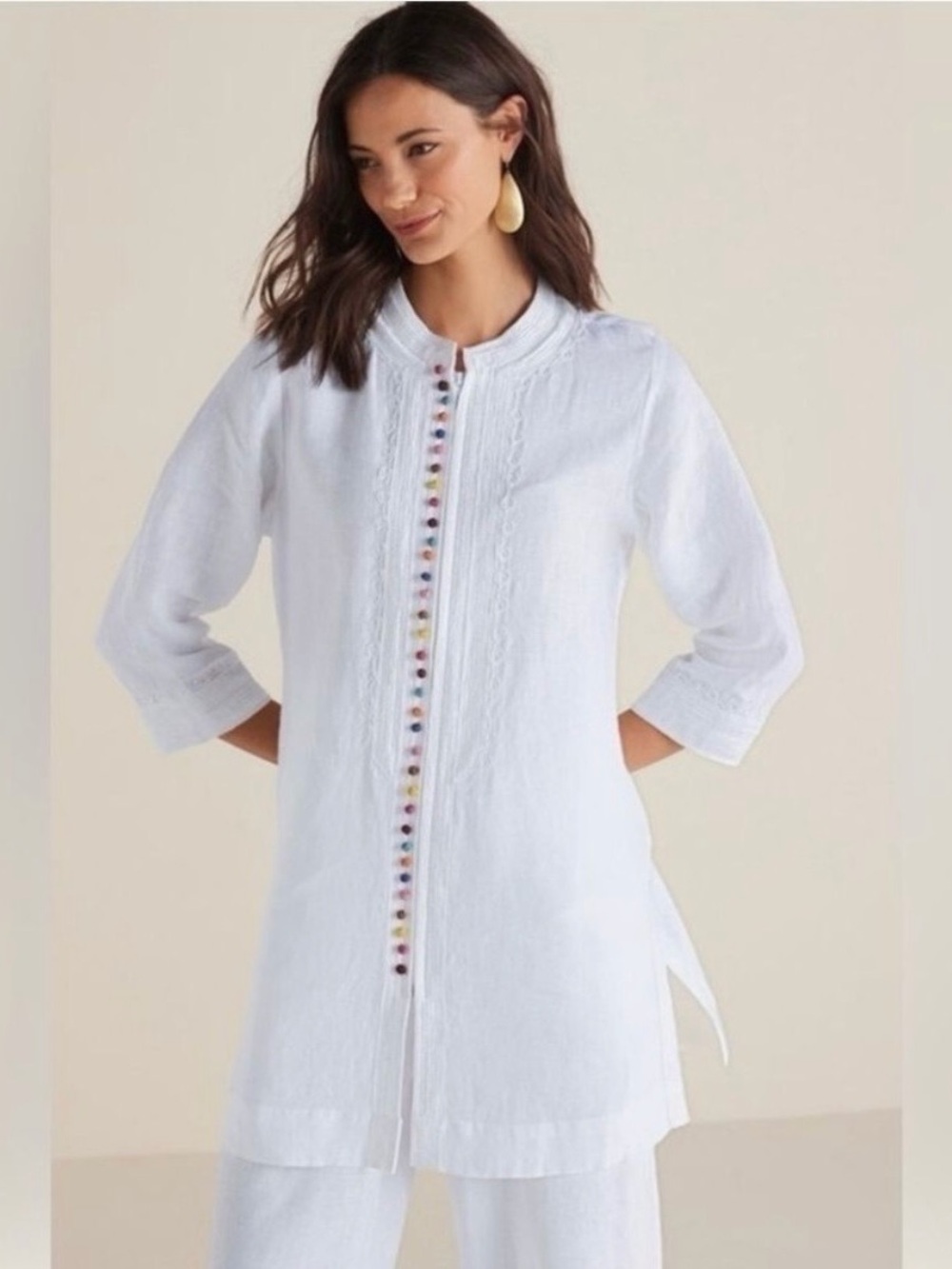 Soft Surroundings White Linen Tunic Multicolor Button Trim PS Embroidered